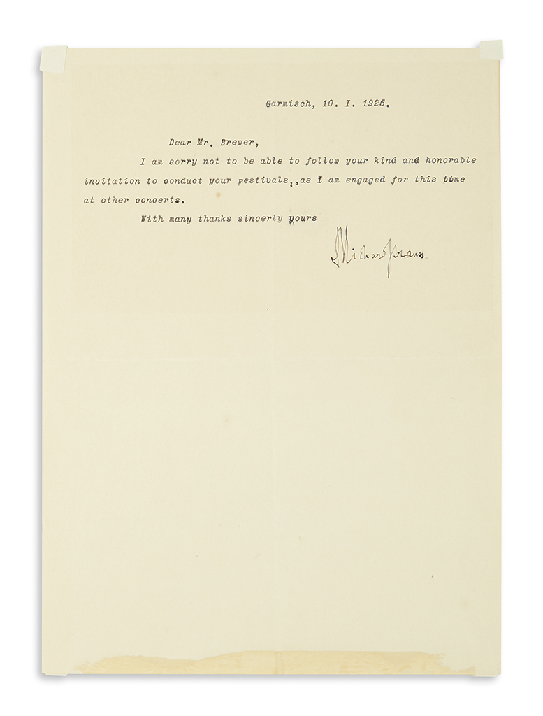 STRAUSS, RICHARD. Two items: Autograph Musical Quotation Signed, on a small card * Brief Typed Letter Signed.